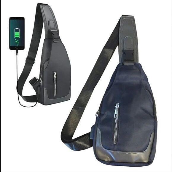 Blue Black Crossbody Sling Bag with USB Port and Cable NWOT - Picture 1 of 16